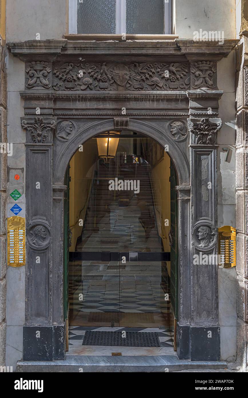 Entrance portal of a former palace, today Banca Profilo, Genoa, Italy, Europe Stock Photo