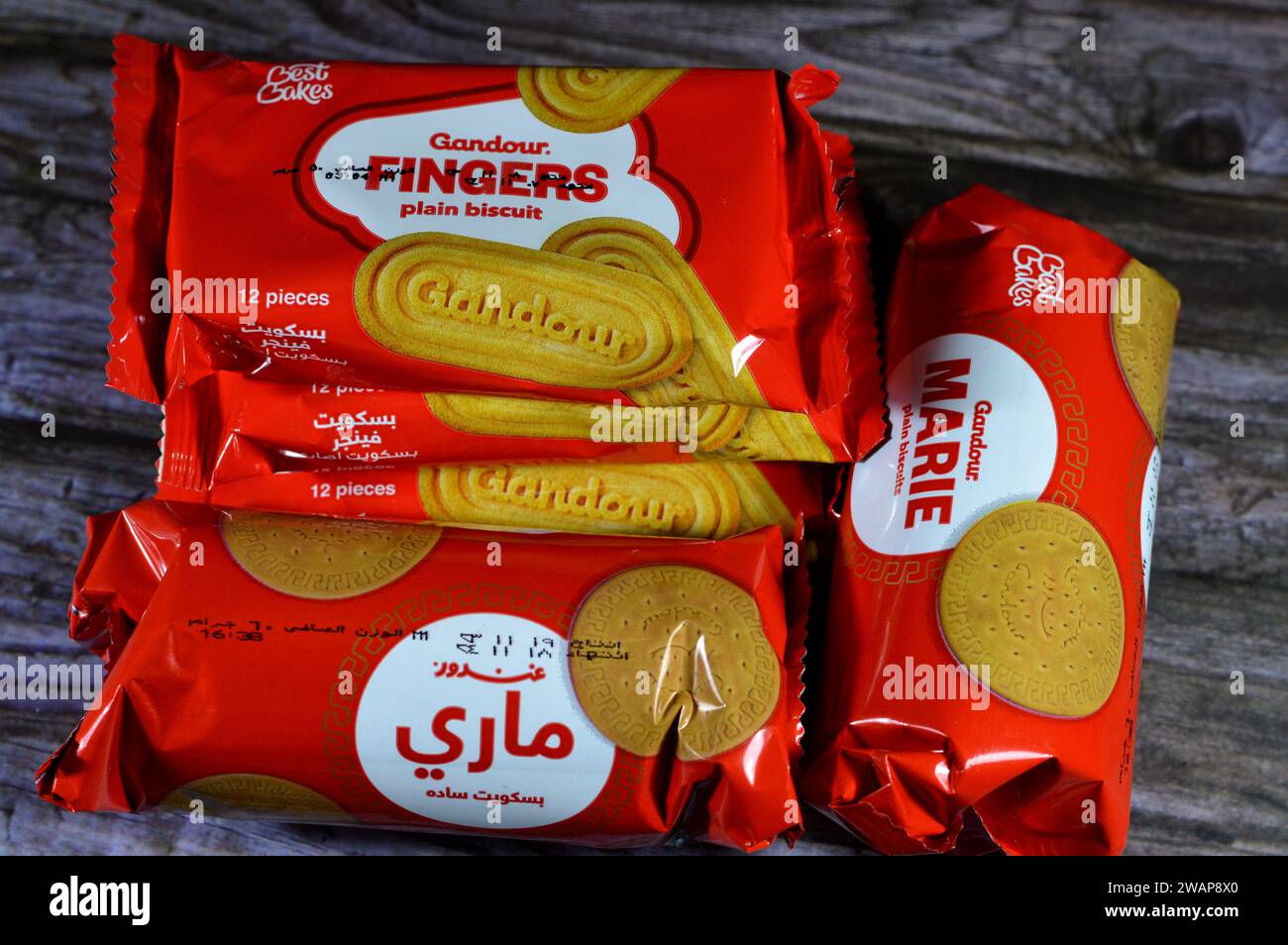 Cairo, Egypt, January 2 2024: Gandour tea biscuits packet, Crunchy biscuits prepared with essential nutrients, iron, vital vitamins and iodine, a food Stock Photo