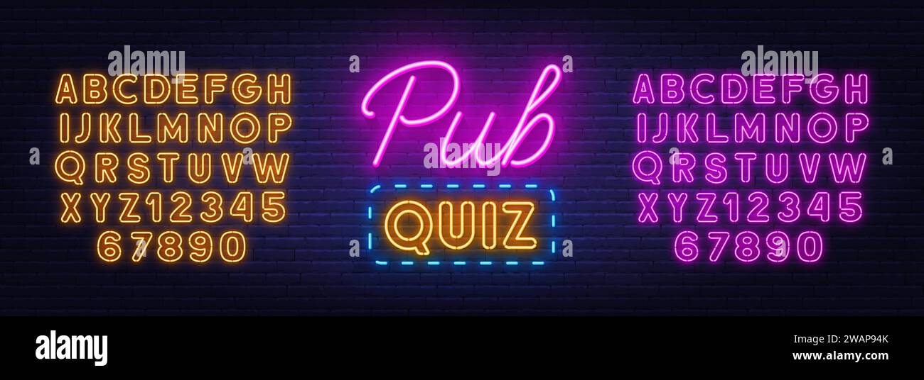 Pub Quiz neon lettering on brick wall background. Pink and yellow neon