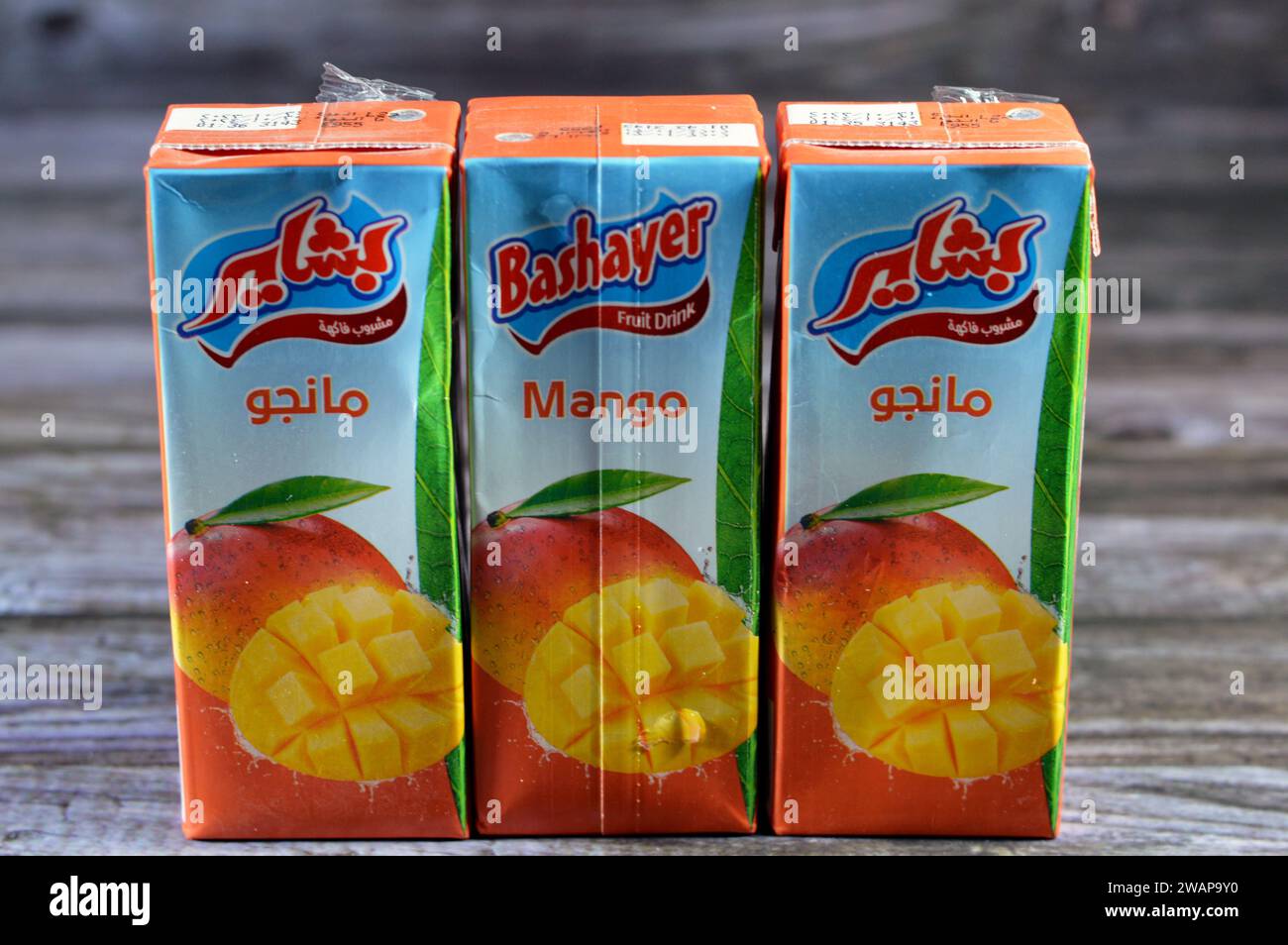Cairo, Egypt, January 2 2024 Bashayer Mango juice, mango fruit Juice