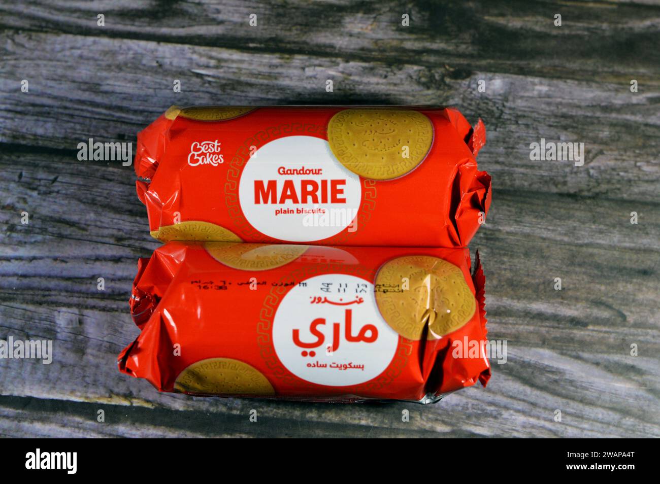 Cairo, Egypt, January 2 2024: Gandour tea biscuits packet, Crunchy biscuits prepared with essential nutrients, iron, vital vitamins and iodine, a food Stock Photo