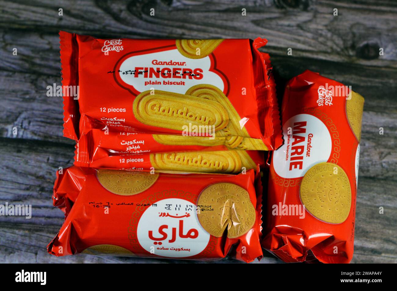 Cairo, Egypt, January 2 2024: Gandour tea biscuits packet, Crunchy biscuits prepared with essential nutrients, iron, vital vitamins and iodine, a food Stock Photo