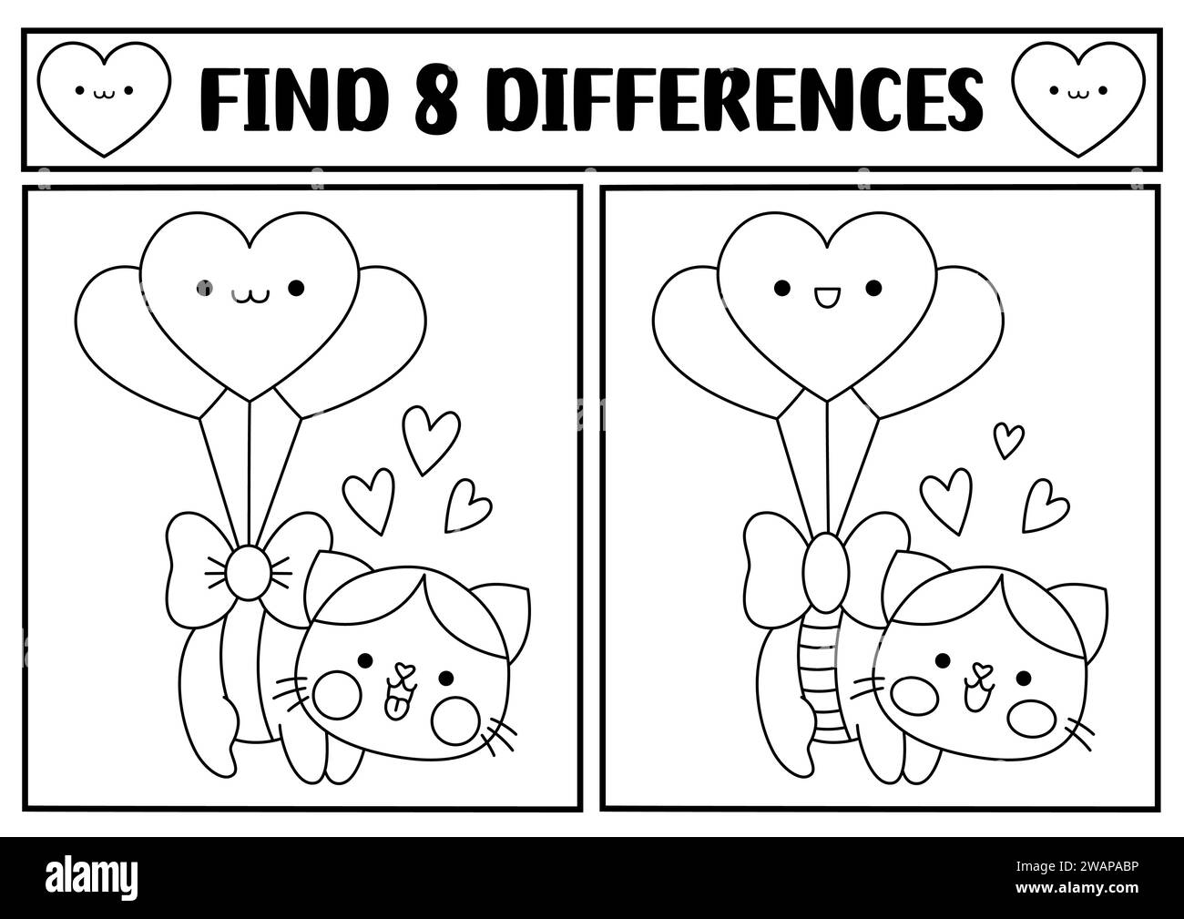 Saint Valentine kawaii black and white find differences game. Attention