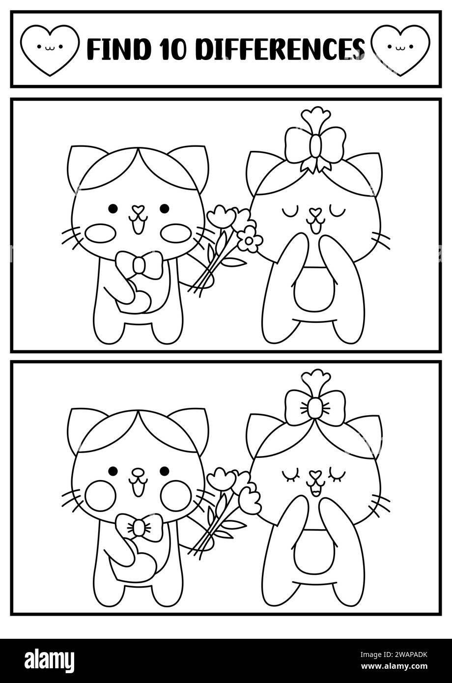 Saint Valentine kawaii black and white find differences game. Attention ...