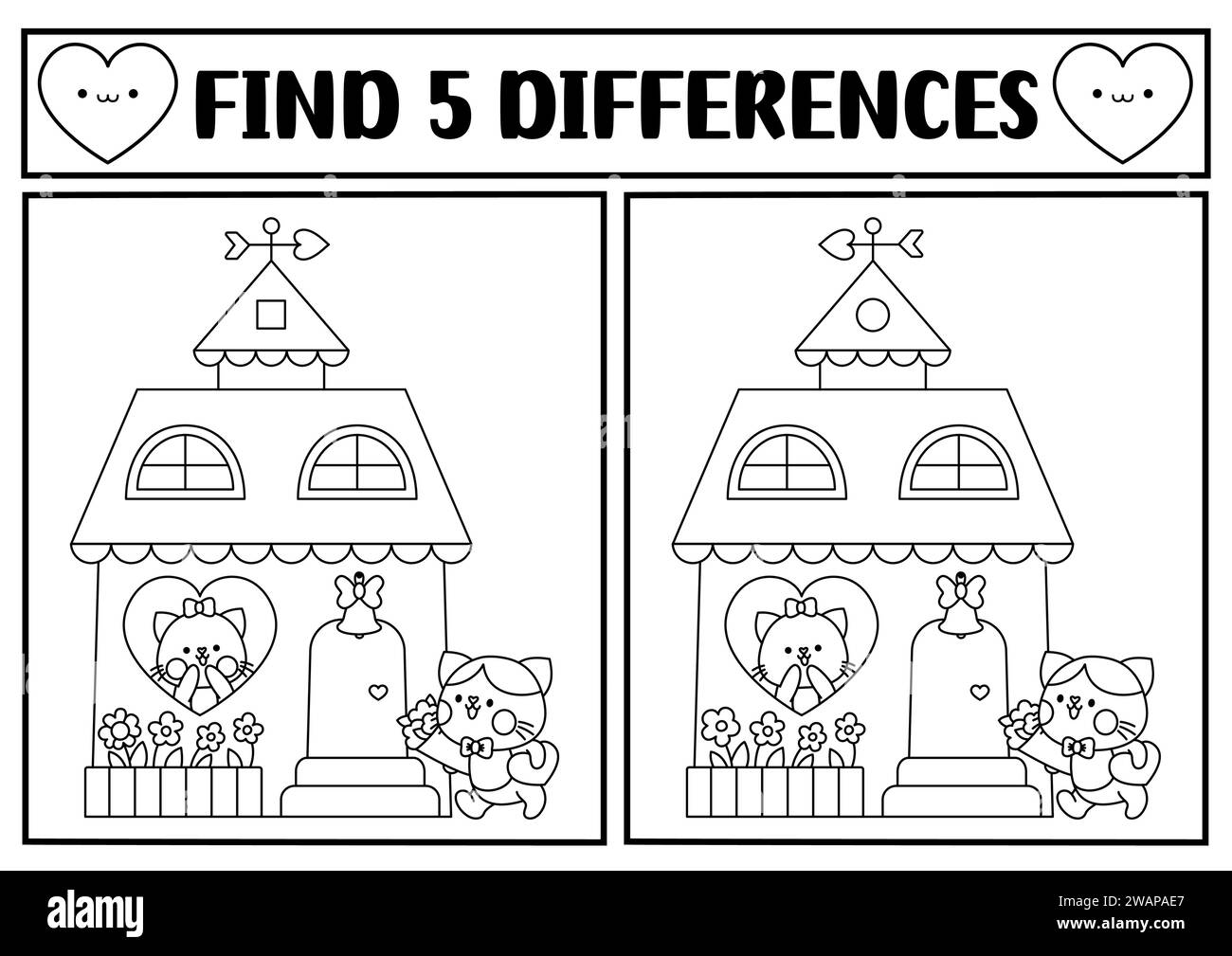 Saint Valentine kawaii black and white find differences game. Attention