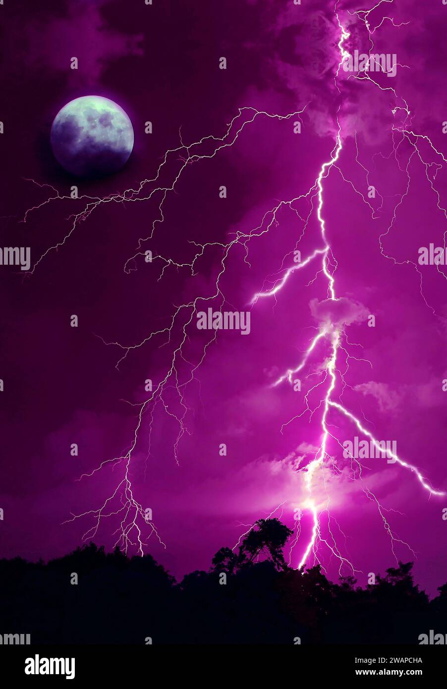 Pop Art Surreal Style of Stunning Lightning Strikes in Deep Purple Night Sky with a Spooky Full Moon Stock Photo
