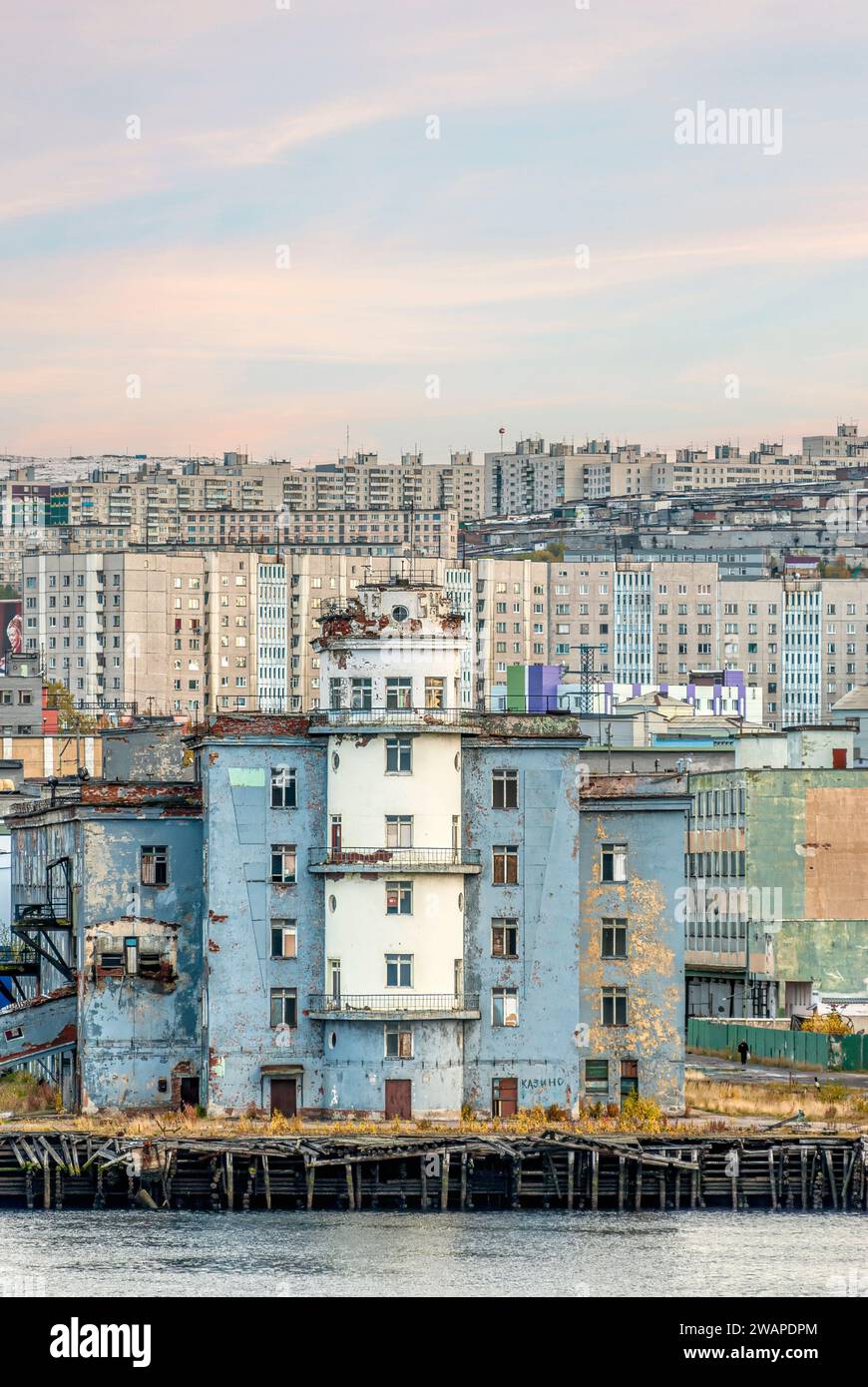 Run-down Soviet-era house complex in the port of Murmansk, Russia Stock Photo