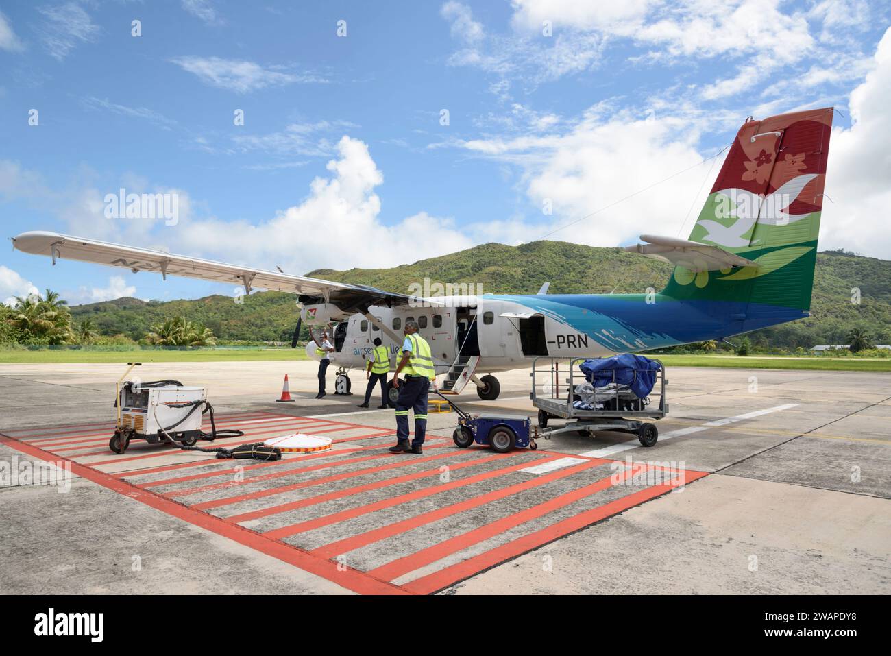 Air Seychelles airplane at the airport on Praslin Island, Seychelles, Indian Ocean Stock Photo
