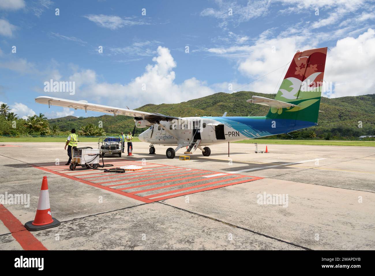 Air Seychelles airplane at the airport on Praslin Island, Seychelles, Indian Ocean Stock Photo