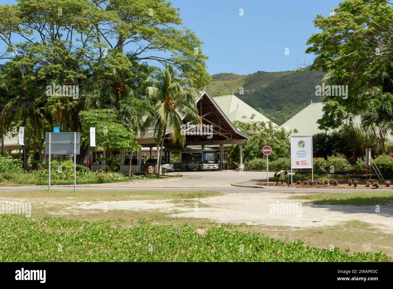 Air Seychelles airport on Praslin Island, Seychelles, Indian Ocean Stock Photo