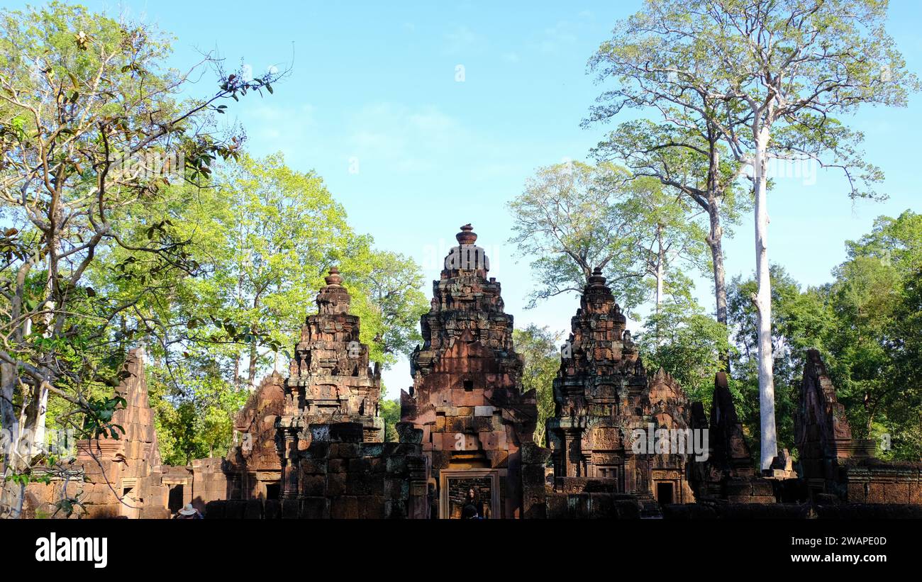Banteay Srei is a 10th-century Hindu temple in Siem Reap, Cambodia dedicated to Shiva and Parvati Stock Photo