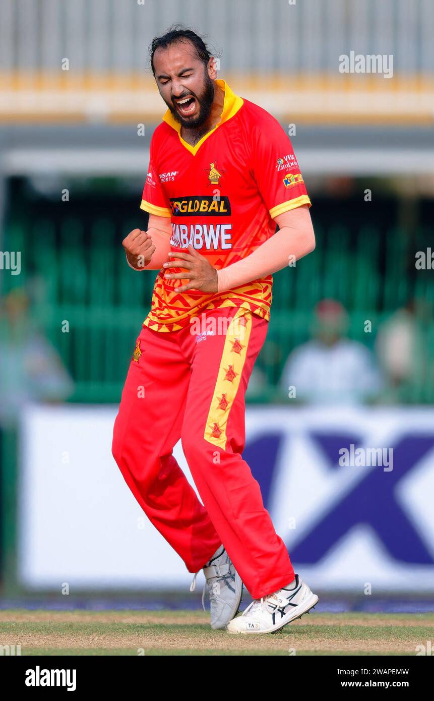 Colombo, Sri Lanka. 06th January 2024. Zimbabwe's Faraz Akram elebrates
