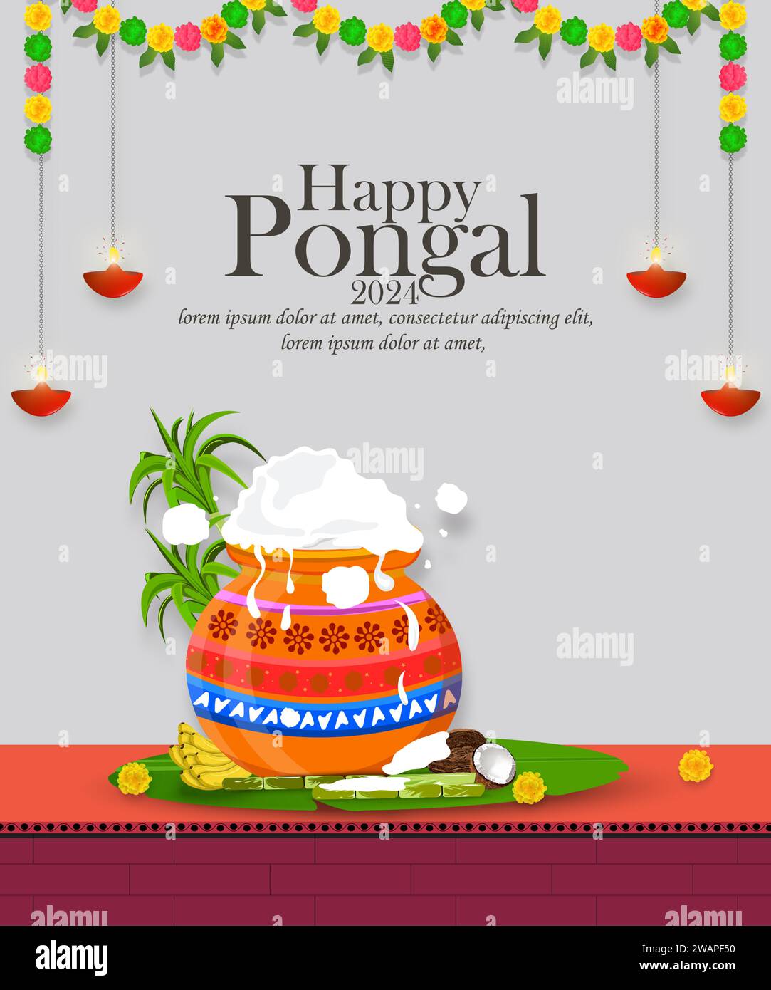 Happy Pongal holiday festival of India greeting card design with Pongal