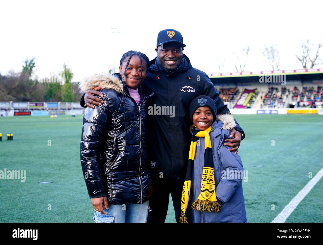 Maidstone United manager George Elokobi (centre) ahead of the Emirates ...