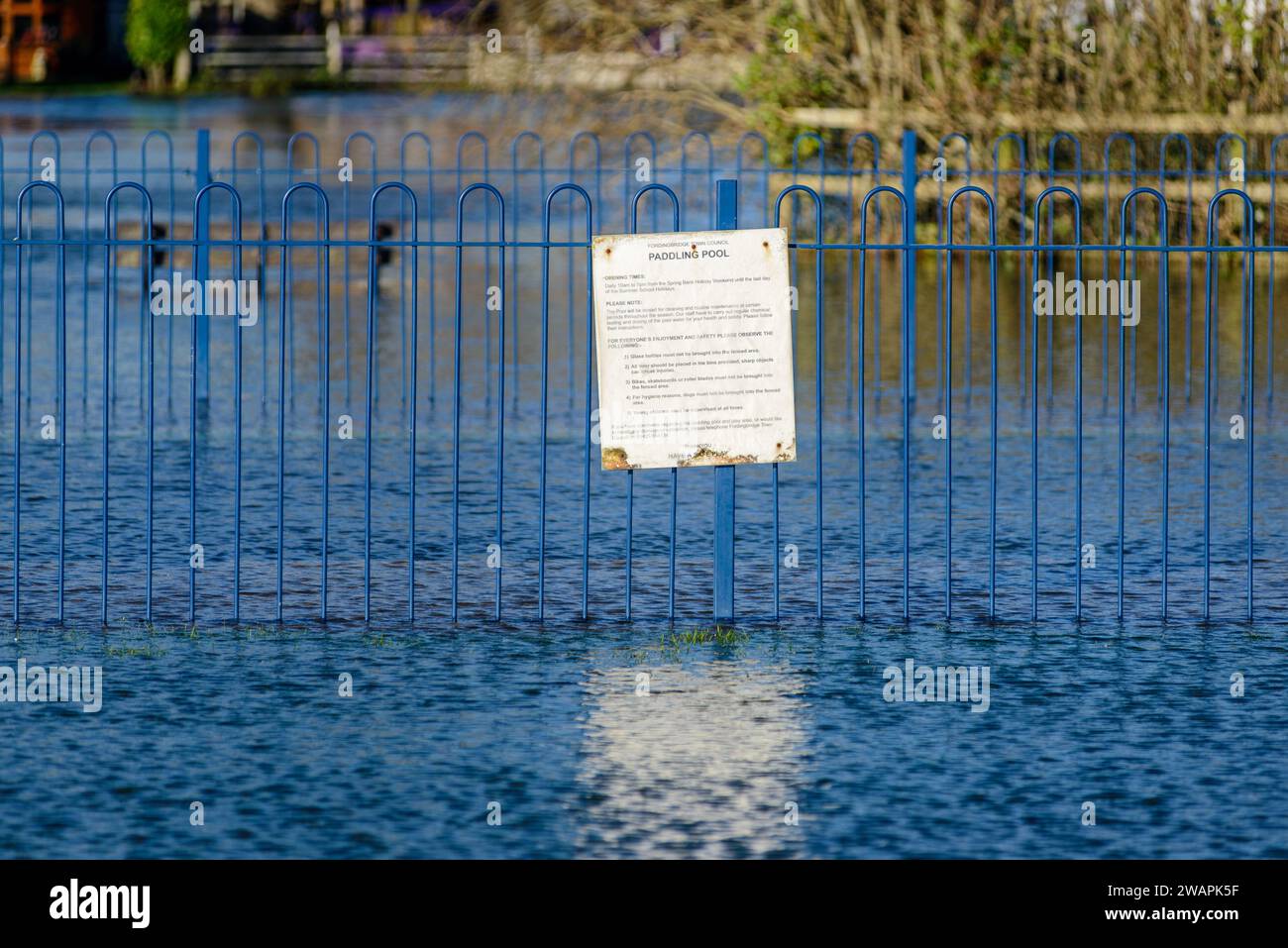 Fordingbridge, Hampshire, UK, 6th January 2024: Weather: Flooding. The River Avon continues to rise after the rain has stopped. A flooded riverside park paddling pool is now a part of the river. Paul Biggins/Alamy Live News Stock Photo