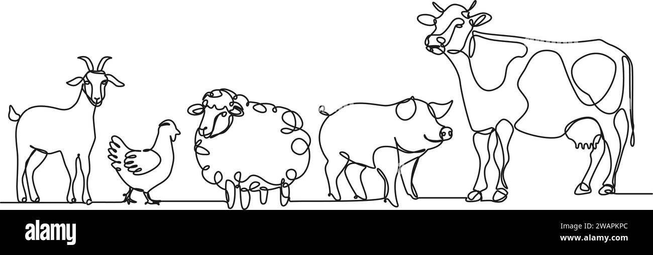 continuous single line drawing of farm animals, livestock line art vector illustration Stock Vector