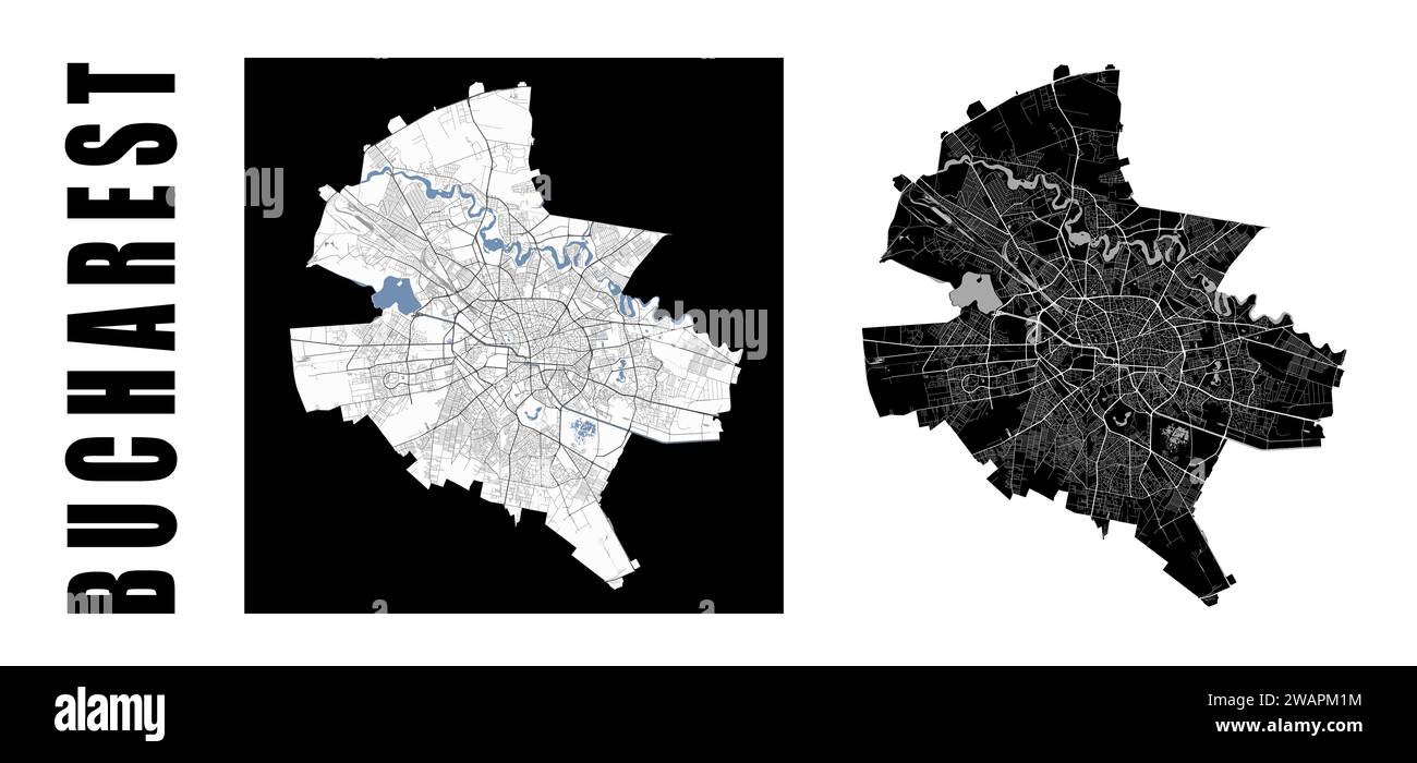 Bucharest map. Romania city within administrative municipal borders. Set of black and white vector maps. Streets and Dambovita river, high resolution. Stock Vector