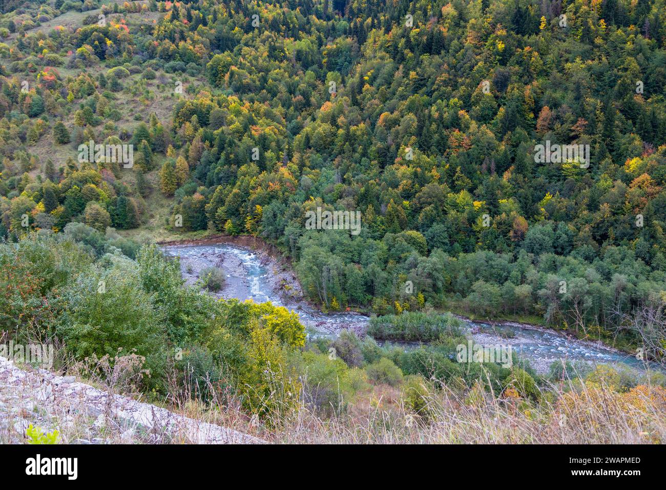 Majestic view of the mountain river from the height of the mountains Stock Photo