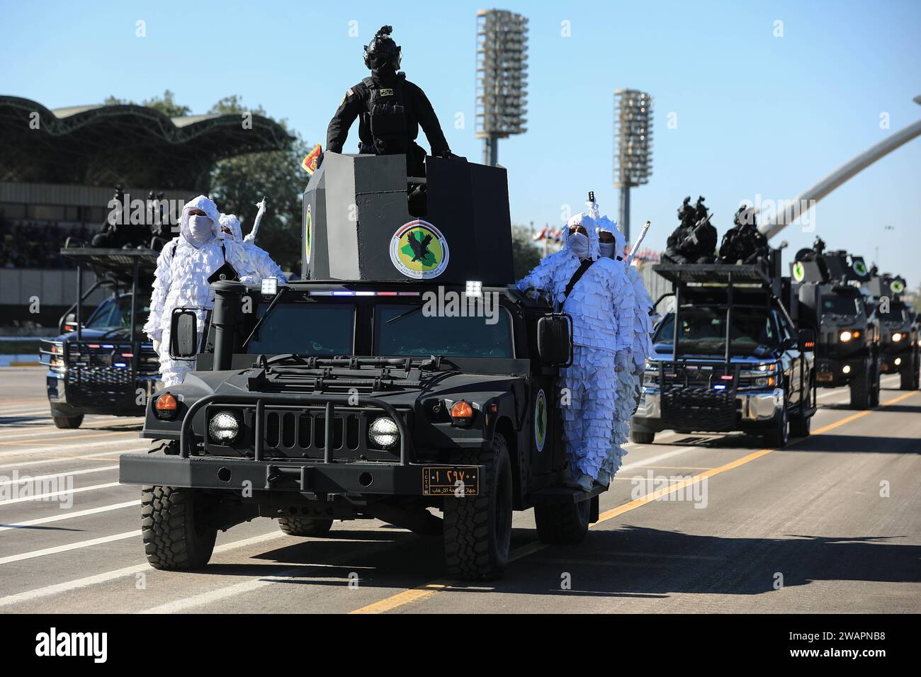 Baghdad, Iraq. 06th Jan, 2024. Soldiers on military vehicles take part in a military parade to celebrate the 103rd anniversary of the founding of the Iraqi army in the Grand Festivities Square inside the Green Zone in Baghdad. Credit: Ameer Al-Mohammedawi/dpa/Alamy Live News Stock Photo