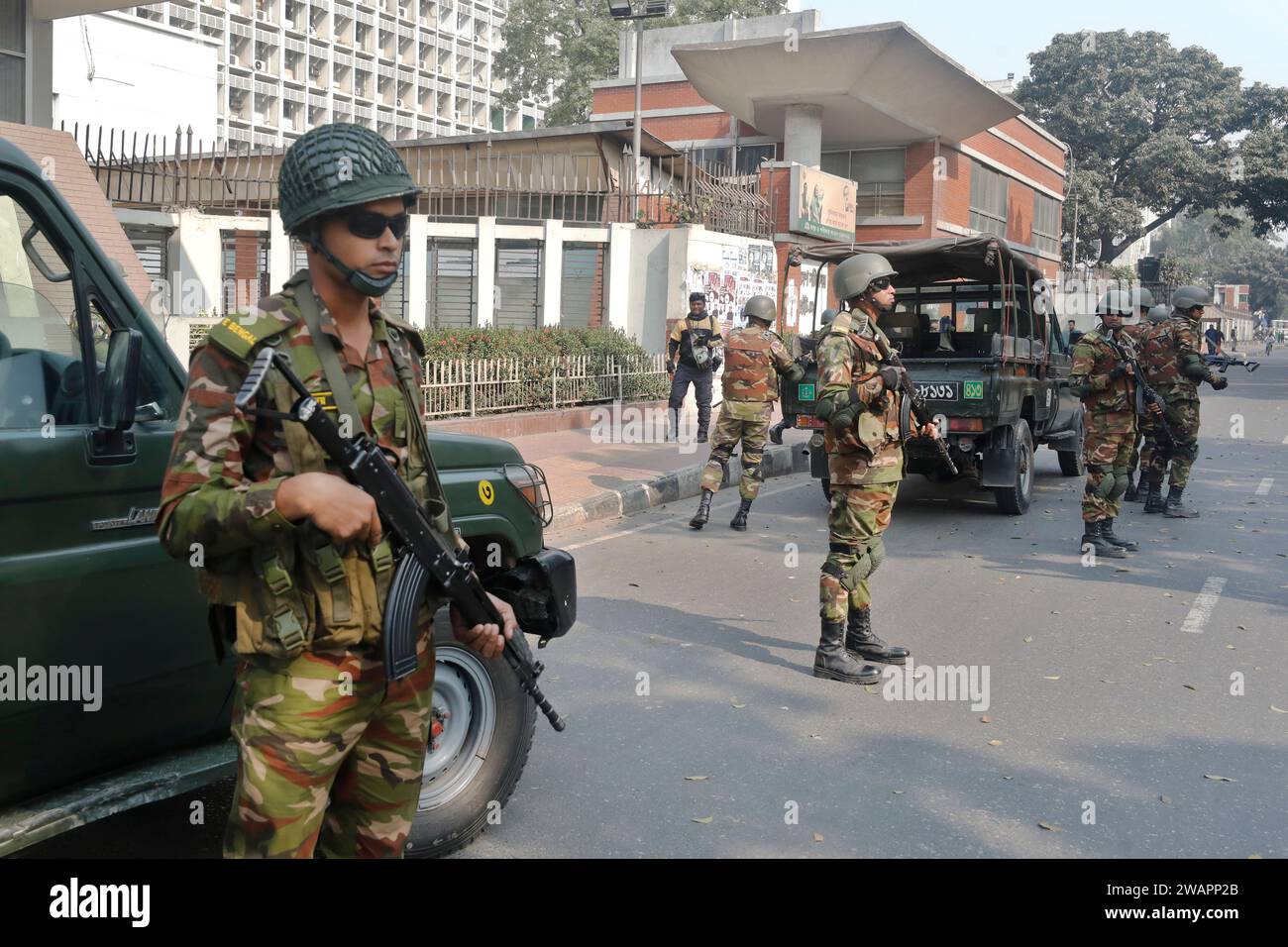 Dhaka, Bangladesh - January 06, 2024: The 12th parliamentary elections Bangladesh army doing their work to help the civil administration maintains law Stock Photo