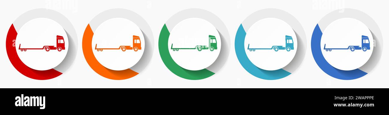 Truck with tow trailer, long vehicle conept vector icon set, flat icons ...