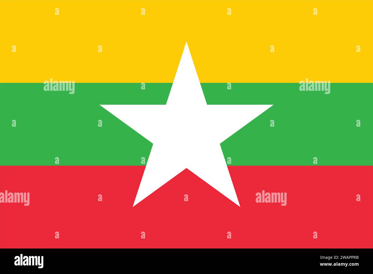 High detailed flag of Myanmar. National Myanmar flag. Asia. 3D illustration. Stock Vector