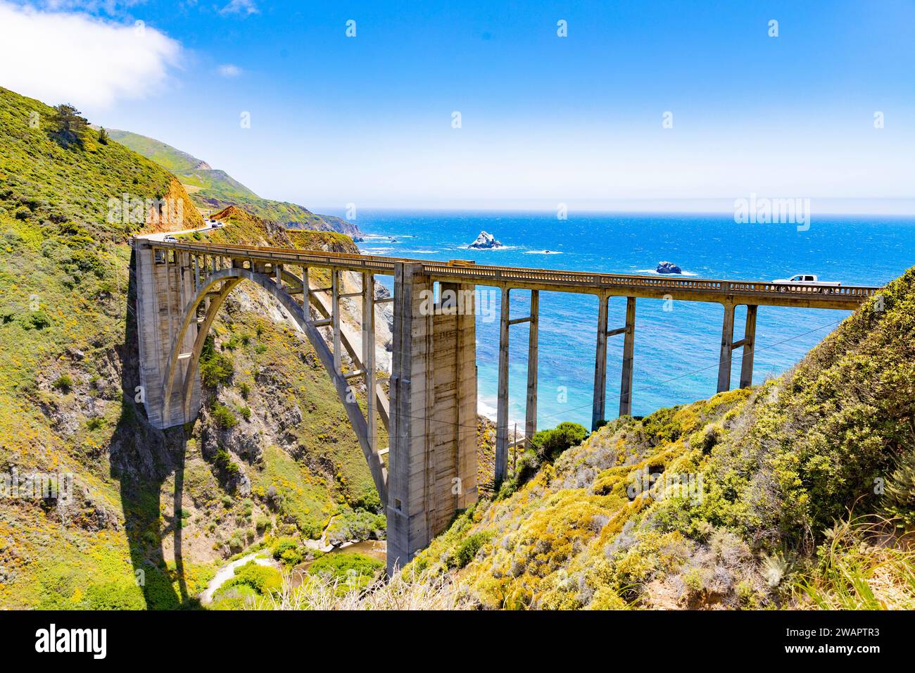 An aerial view of Bixby Bridge in California Route 1 Stock Photo