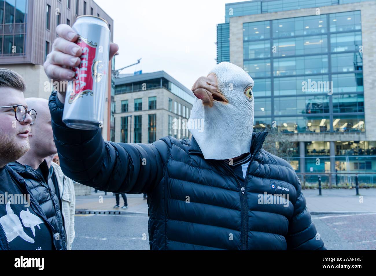 Newcastle upon Tyne, UK. 6th January 2024. Newcastle United fans queue at St James' Park, to get on busses to take them to the away match in Sunderland, in the Wear-Tyne derby FA Cup 3rd Round. Credit: Hazel Plater/Alamy Live News Stock Photo