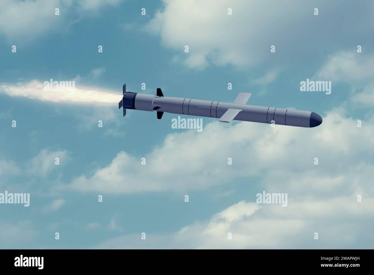 Russian cruise missile 'Kalibr' in the sky on the background of clouds, smoke and fire trace from missile launch. Concept: war in Ukraine, Stock Photo