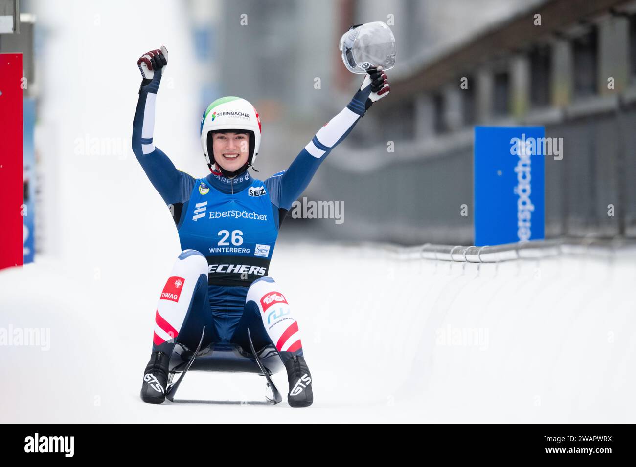 Winterberg, Germany. 06th Jan, 2024. Luge: World Cup: single-seater, women, 2nd run. First-placed Madeleine Egle (Austria) celebrates at the finish. Credit: Marius Becker/dpa/Alamy Live News Stock Photo