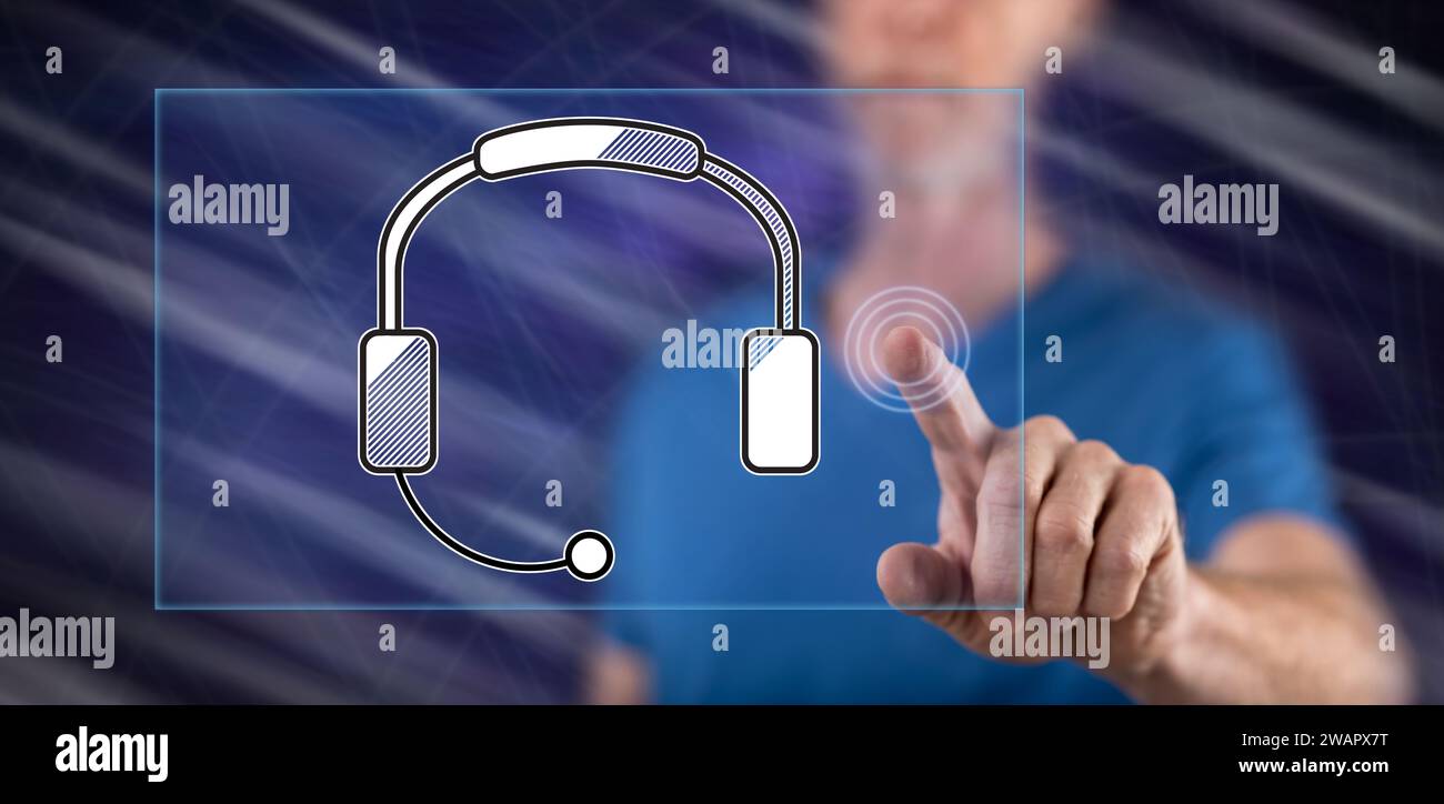 Man touching a technical support concept on a touch screen with his finger Stock Photo