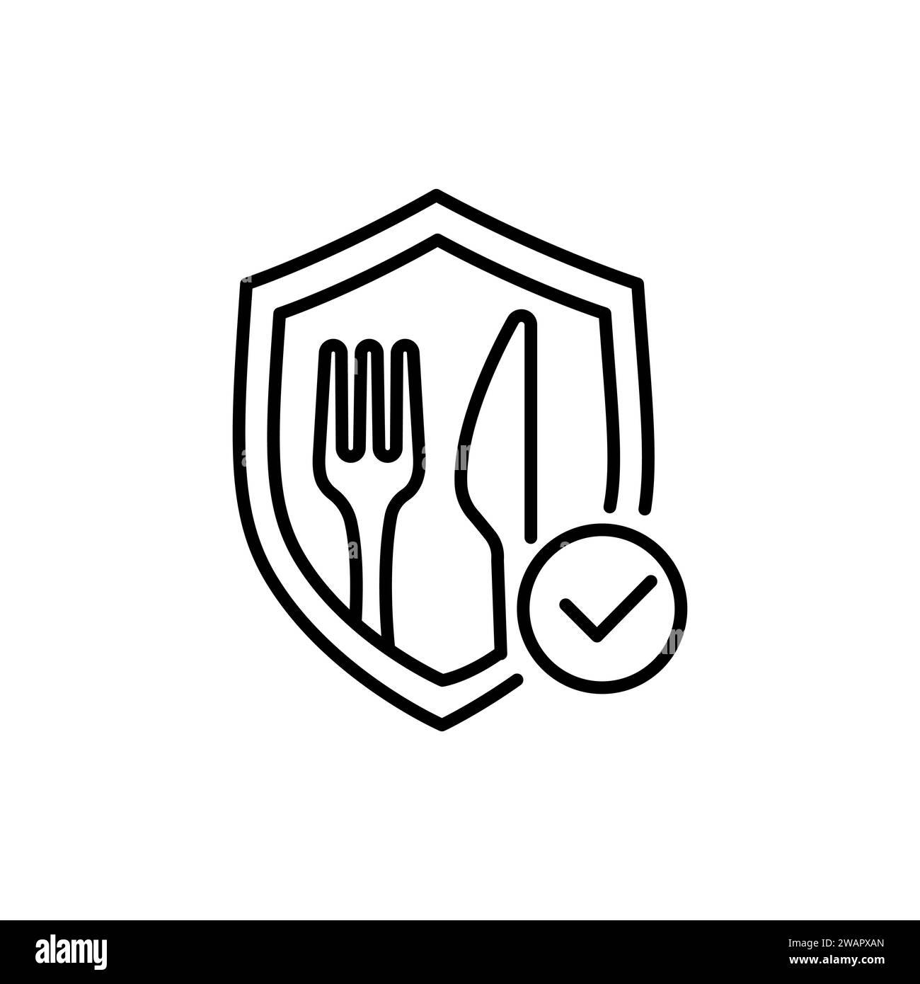 Ecological pure product icon, food safety tested in laboratory, shield with fork and knife, editable stroke vector illustration Stock Vector
