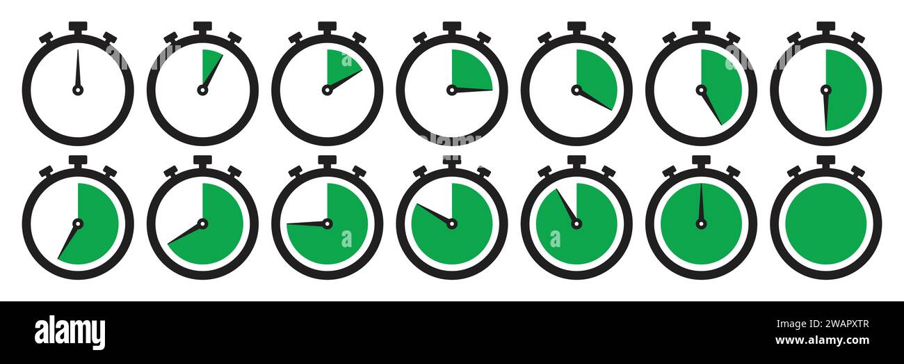 Clock icon set in green color. Stopwatch symbol set. Countdown clock stopwatch, timer vector illustation. Collection of timer icon set in green color. Stock Vector