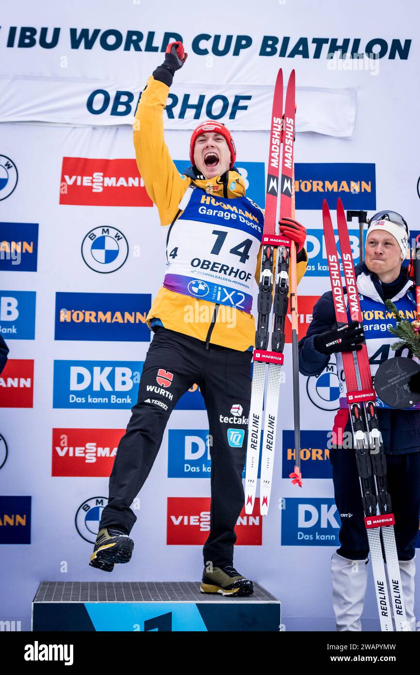 Benedikt Doll from Germany, left, won the race and Endre Stroemsheim of Norway placed the third in the men's sprint World Cup race, Oberhof, Germany, Stock Photo
