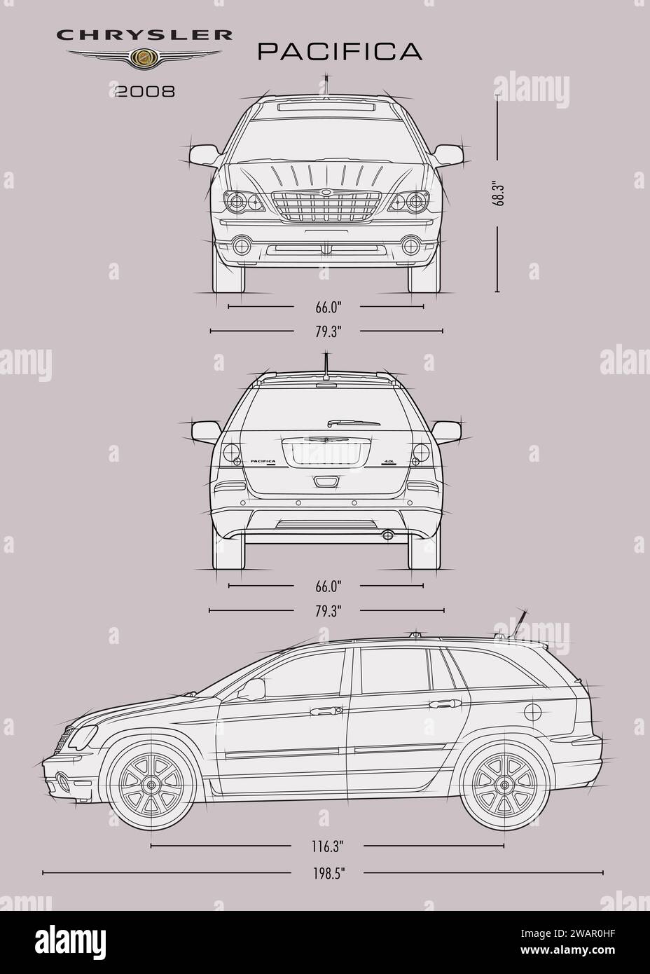 2008 Chrysler Pacifica car blueprint. Stock Vector