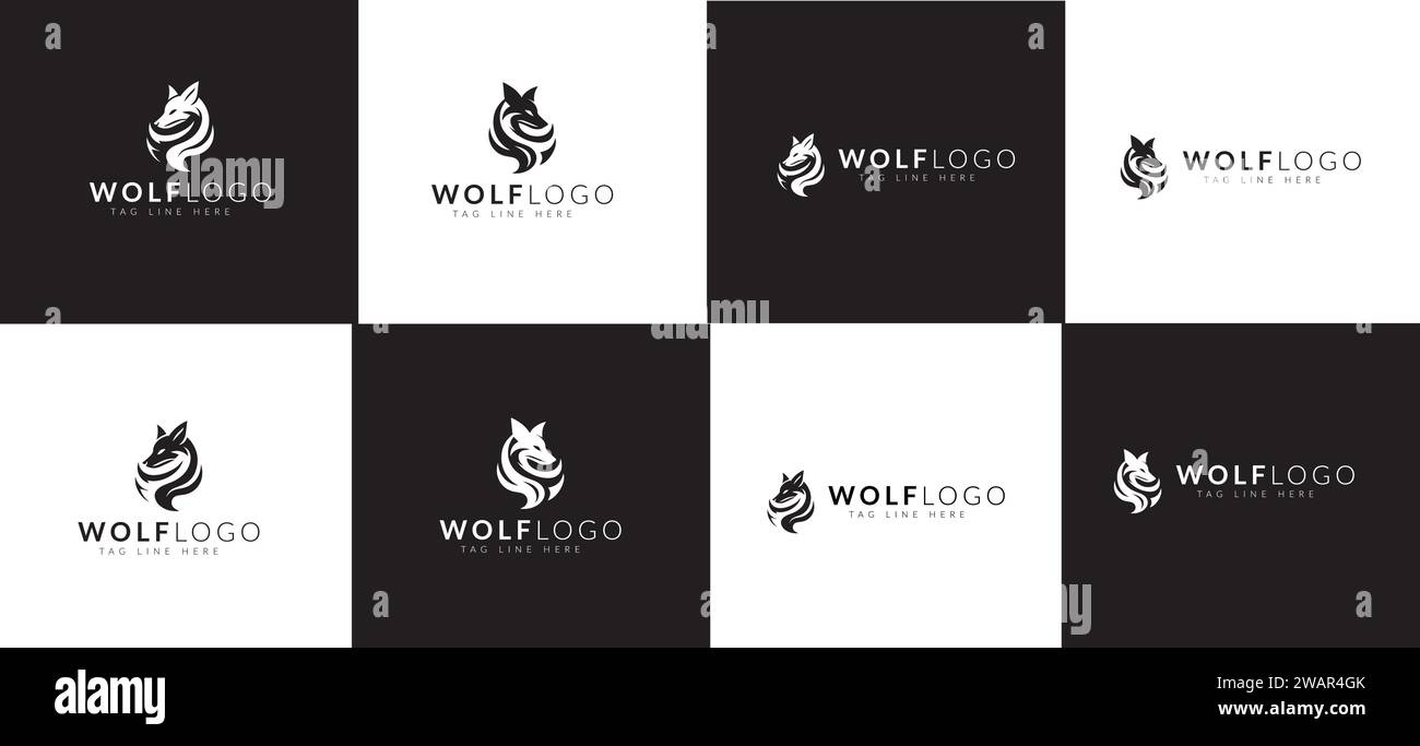 Dynamic Array of Stylized Wolf Logo Designs on Monochrome Backgrounds With Elegant Typography Stock Vector