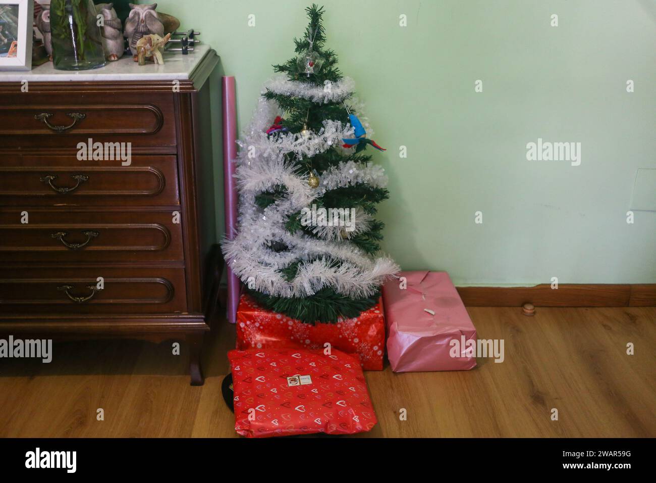 Noreña, Spain, January 06th, 2024: The Christmas tree with the gifts left by HM The Three Wise Men of the East during the Epiphany Day gifts, on January 6, 2024, in Noreña, Spain. Credit: Alberto Brevers / Alamy Live News. Stock Photo