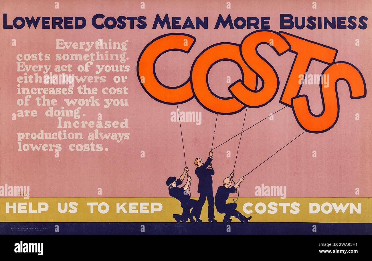 Lowered Costs Mean More Business - help us to keep costs down (Mather and Company, 1923) Motivational Poster Stock Photo