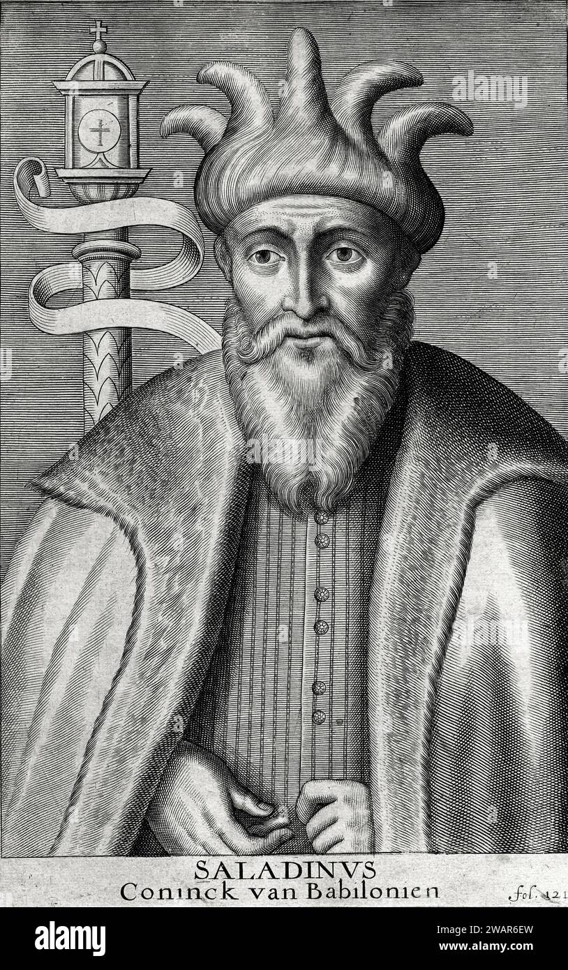 Portrait of Saladin (c1138-1193), Salah ad-Din Yusuf ibn Ayyub, Kurdish Muslim General, founder Ayyubid dynasty. Sultan of Egypt and Syria and Key Figure in Muslim Resistence to the Third Crusade. Vintage or Historical Engraving or Illustration. Stock Photo