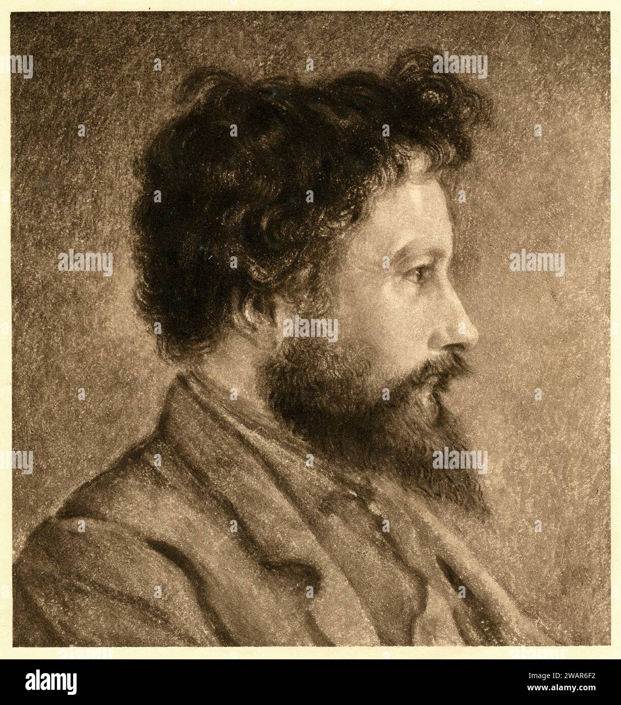 Portrait of William Morris (1834-1896), British artist, writer and socialist and a key figure in the British Arts and Crafts Movement. Portrait from a Drawing by Charles Fairfax Murray from a photograph c1870. Vintage Illustration or Engraving. Stock Photo