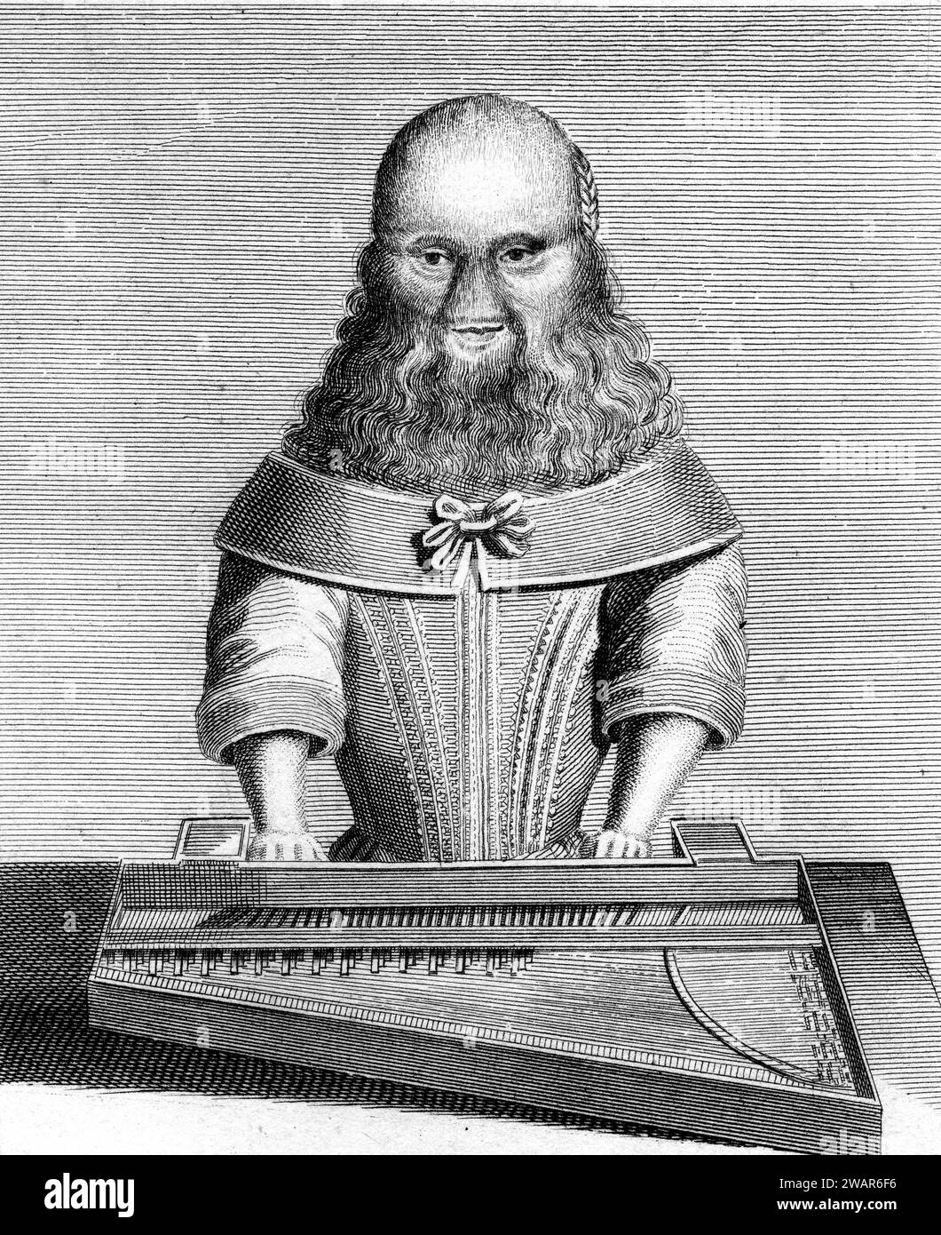 Portrait of the Berded Lady Barbara van Beck (1929-c1668) aka Barbera Usler or Barbara Urselin, c17th hairy-faced, bearded lady playing a harpsichord. Vintage or Historic Illustration or Engraving 1790 by Caulfield) Stock Photo