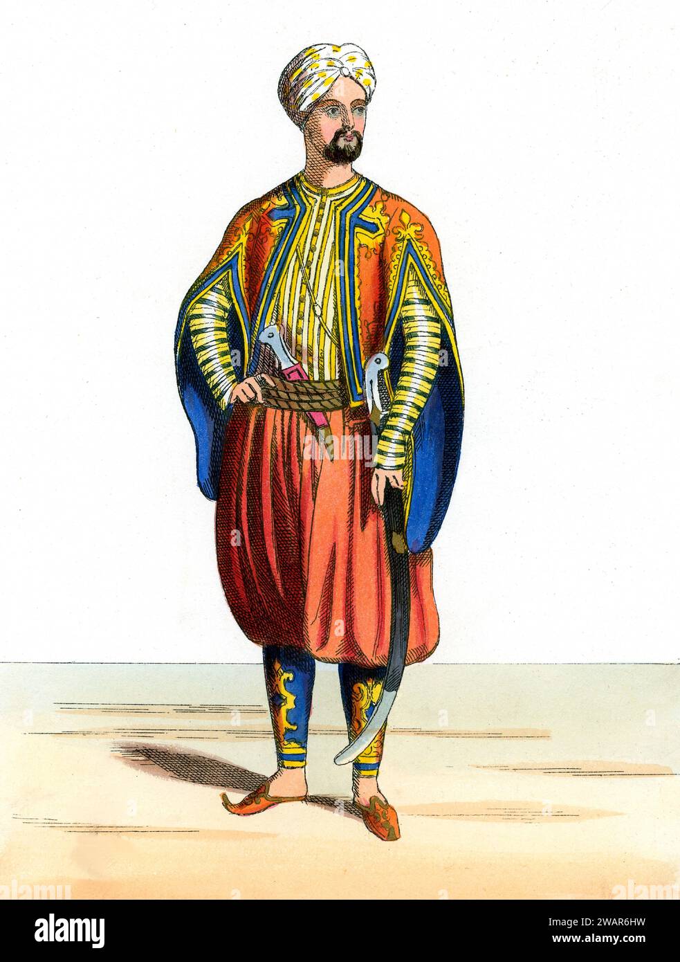 Full-length Portrait of Mamluk aka Mamaluk, Mameluke or Mameluk, Mercenary, Slave soldier or Freed Slave Fighting for Muslim Armies in the Middle East during the Middle Ages. c19th coloured engraving or illustration. Stock Photo