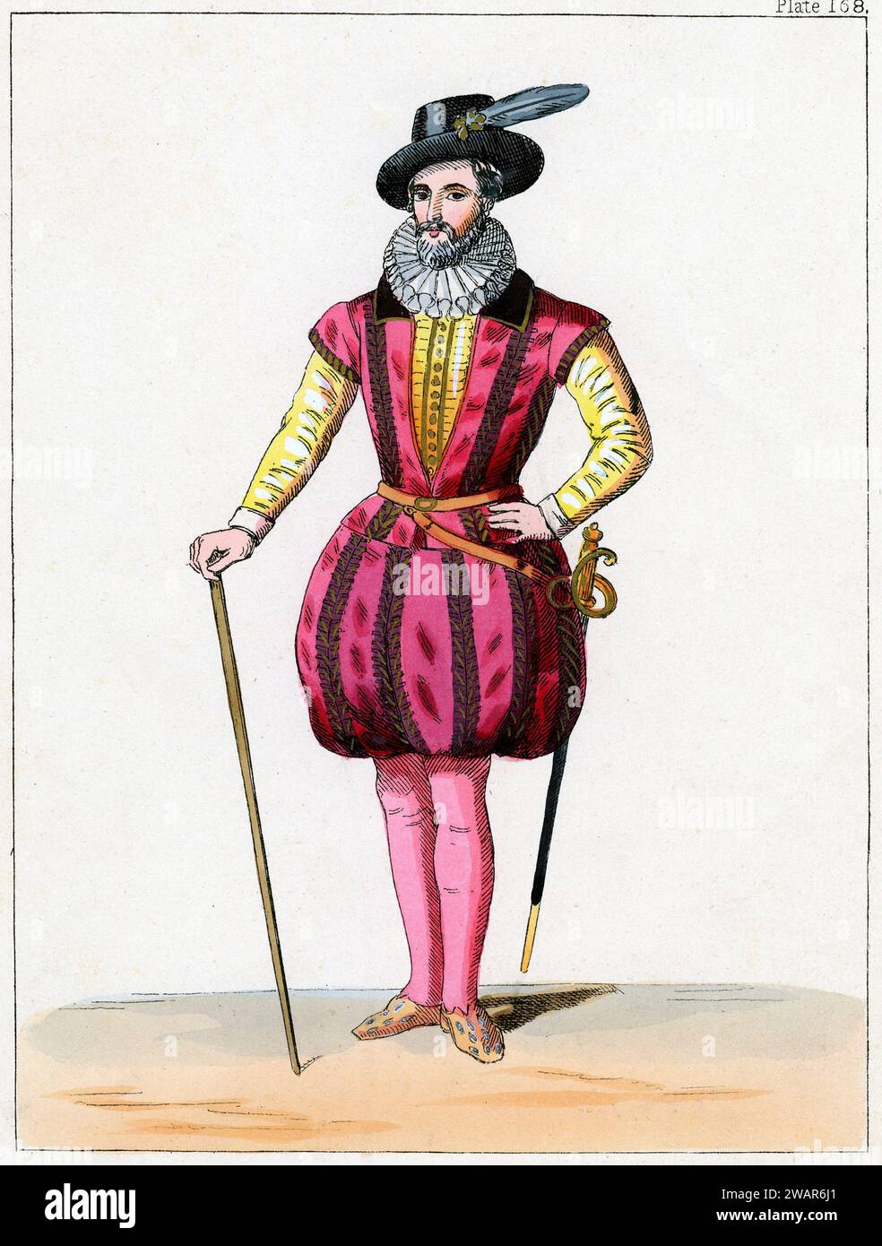 Full length Portrait of Sir Walter Raleigh (1552-1618) English explorer, writer, poet & courtier wearing Elizabethian clothes. 19th coloured engraving or Illustration. Stock Photo