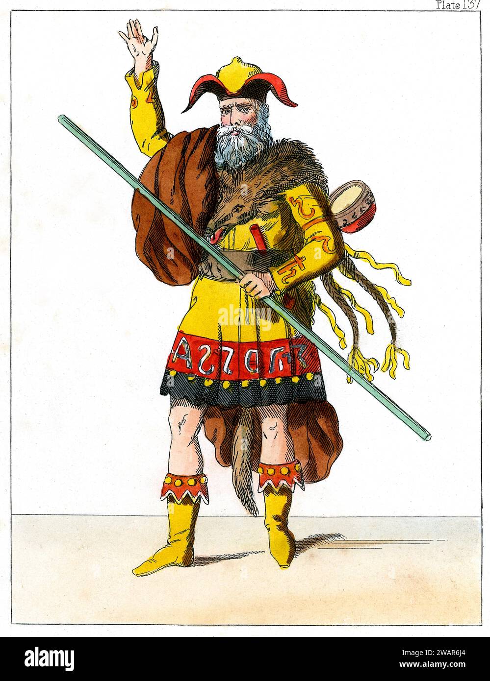 A Wizard in Costume based on Osmond, a Saxon Magician and Healer, in John Dryden's King Arthur, or The British Worthy (1691), itself based on Merlin the Wizard in the Legend of King Arthur.  c19th coloured engraving or Illustration Stock Photo