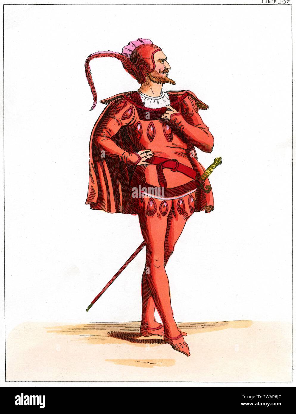 Mephistopheles, aka Mephisto, one of the chief demons of Christian mythology and German folklore,  Satan or Devil, wearing Devilist Red Costume. c19th Colour Engraving or Illustration. Stock Photo