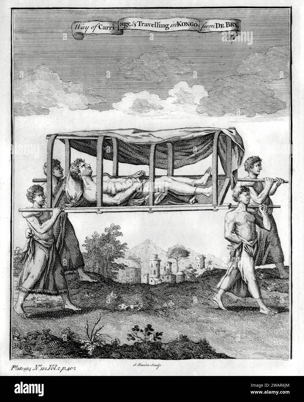 Native or African Porters Carrying Tribal Chief in a Palanquin or Travelling by Palanquin, Litter or Sedan Chair in the Congo Africa. Vintage or Historic Engraving or Illustration by de Bry c18th Stock Photo
