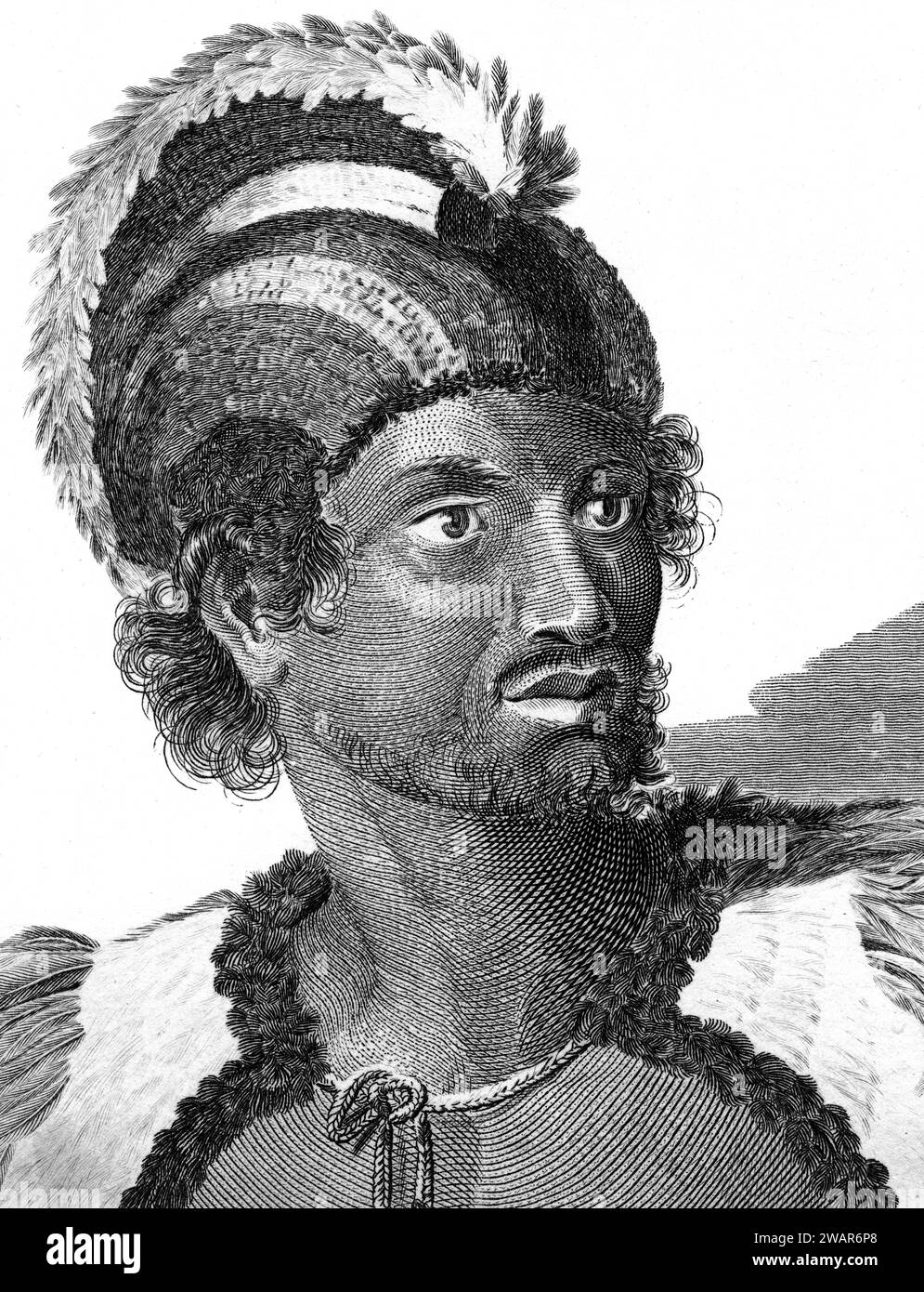 Portrait of Indigenous Man of Hawaii Wearing Headdress Vintage or Historic Illustration or Engraving 1794 Stock Photo