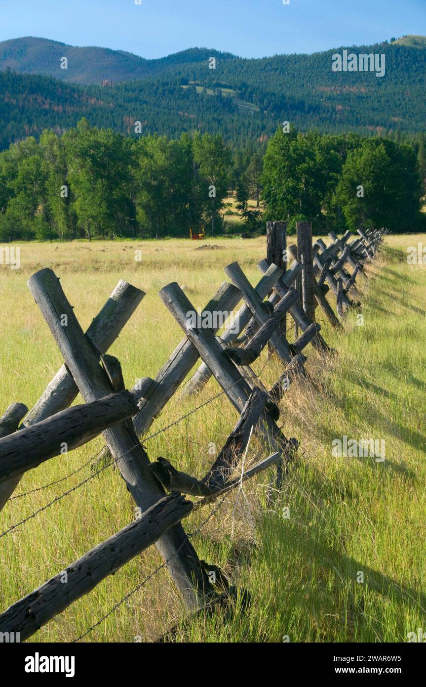 Ranchland fence, Lewis and Clark County, Montana Stock Photo