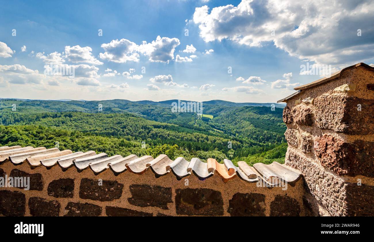 Panoramic view of the Thuringian Forest with castle wall in the foreground from Wartburg Castle, Eisenach, Thuringia, Germany Stock Photo