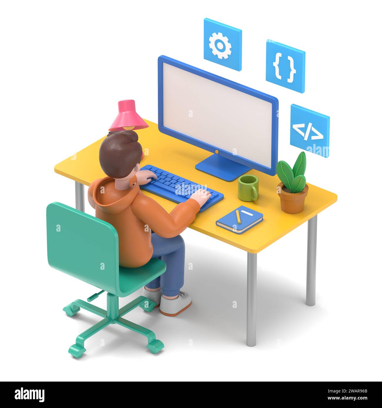 Programmer at work concept banner. Can use for web banner, infographics, hero images.3D illustration of Asian man Felix.3D rendering on white backgrou Stock Photo
